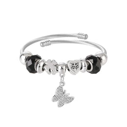 Brățară damă cu charmuri din oțel inoxidabil și zirconiu, argintiu negru Z2