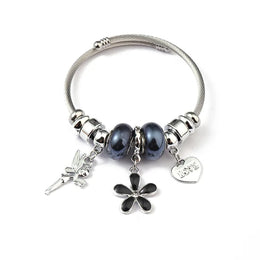 Brățară damă cu charmuri din oțel inoxidabil și zirconiu, argintiu negru