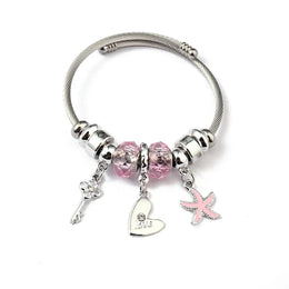 Brățară damă cu charmuri din oțel inoxidabil și zirconiu, argintiu roz Z2
