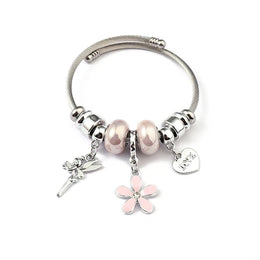 Brățară damă cu charmuri din oțel inoxidabil și zirconiu, argintiu roz